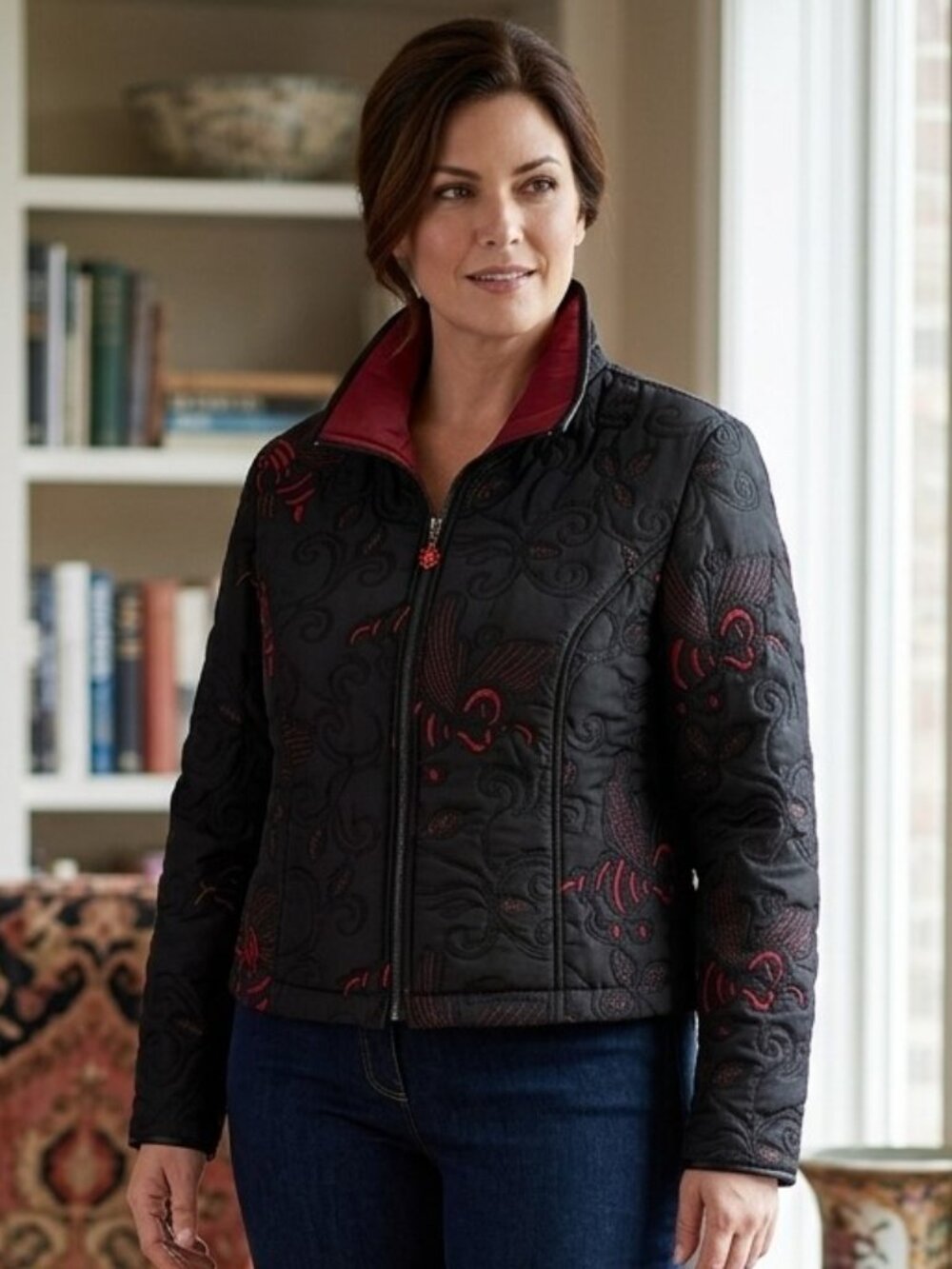 Embroidered Bomber Jacket Black Red Size 14